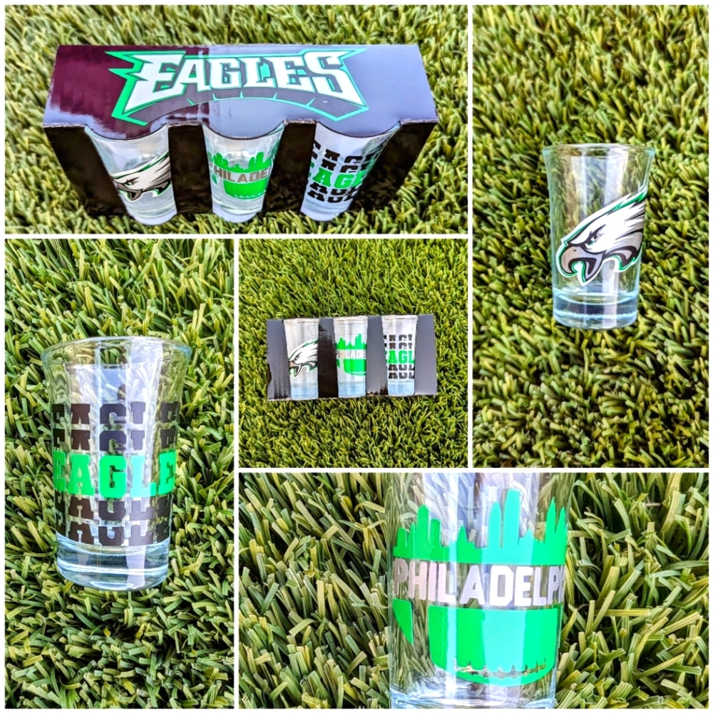 NEW 3pc Custom Philadelphia Eagles Shot Glass Set